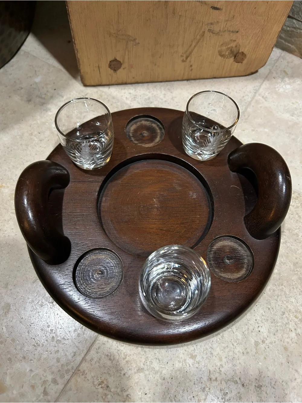 Vintage Wooden Shot Glass and Liquor Bottle Serving Tray Caddy with Handles